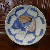 古玩瓷器收藏民国时期青花釉里红鲤鱼瓷盘鱼盘