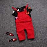欧洲站2015女夏装立体蝴蝶刺绣黑色T恤+大红色背带裤时尚修身套装