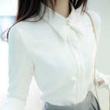 2015秋韩范新款长袖女学生白衬衫显瘦气质加厚棉麻中长款衬衣 女