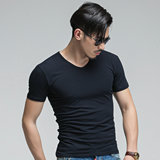 男士V领短袖T恤夏季韩版紧身纯黑白色运动修身弹性半袖打底衫男装
