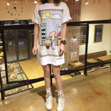 香港代购韩版童趣款云朵小人涂鸦印花短袖纯棉宽松T恤连衣裙女装