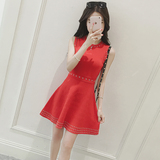 女装韩版夏天女士针织连衣裙女版修身显瘦铆钉圆领背心红裙子