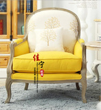 美式做旧黄色布艺单人沙发法式老虎椅新古典高档实木客厅别墅家具