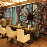 纸3d复古怀旧木纹车轮大型壁画咖啡馆餐厅酒吧KTV墙纸客厅卧室壁