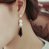 韩国新款个性镶珍珠透明水滴长款耳环韩版黑色时尚百搭装配饰品女