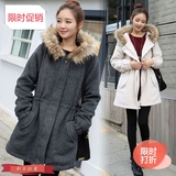 2015韩版冬新款优质抽绳夹棉羊毛呢大衣中长款毛领休闲呢子外套女