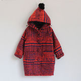 女童冬季外套2015冬装新格子儿童韩版可爱毛球带帽中长款毛呢外套