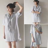 韩版夏季女装新款宽松大码娃娃围巾开叉短袖中长款衬衫连衣裙短裙