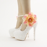 韩版白色蕾丝花朵腕带新娘公主鞋防水台高跟婚鞋拍婚纱照女鞋单鞋