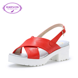 哈森/harson2016夏新品休闲羊皮革女款粗跟粗跟露趾凉鞋HM62443