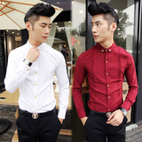 秋季发型师新款白色尖领寸衣韩版修身型红色英伦弹力长袖衬衫男潮
