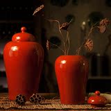 新中式特色餐馆玄关桌面电视柜装饰品 陶瓷红色花瓶台面盖罐摆件