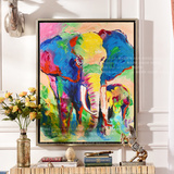 [w]客厅书房卧室玄关帆布手绘有框装饰挂画彩色非洲象油画 H