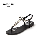 Westlink/西遇2016夏季新款 闪耀亮钻珍珠夹趾低跟平底女潮凉鞋ZG