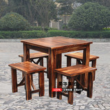 户外实木餐桌餐椅碳化木家具火烧木桌椅小方凳方桌面馆庭院桌椅