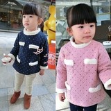 2015韩版冬季新款童装女童宝宝卫衣加绒套头衫甜美毛毛口袋外套