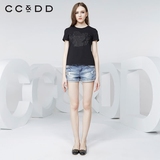 CCDD2016春装新款专柜正品女 心形镶钻修身短袖 黑色百搭休闲T恤