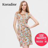 Koradior/珂莱蒂尔正品韩版修身包臀收腰夏季钉珠网纱印花连衣裙