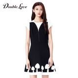 Doublelove女装2016秋新款时尚黑白撞色图案收腰伞摆连衣裙