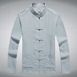 中国风夏季薄款长袖唐装衬衫中老年男士加肥加大棉麻中式立领衬衫