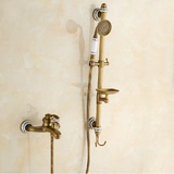 仿古全铜浴缸水龙头简易陶瓷花洒套装带升降浴室冷热水笼头混水阀