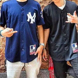 欧美西海岸刺绣纽约扬基队街头嘻哈hiphop开衫棒球服男士短袖T恤