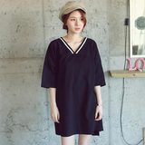 2016夏装新款韩版V领黑色中长款大码宽松甜美连衣裙纯棉短袖T恤女