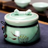 龙泉青瓷手绘茶叶罐 高档茶叶包装盒储存普洱茶罐密封陶瓷罐茶具