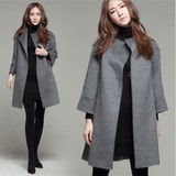 2015冬装新款羊毛呢外套女直筒韩国高端双面羊绒大衣女中长款灰色