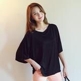 韩国代购2016JUL新夏季女装大码超宽松纯色简约蝙蝠袖五分短袖T恤