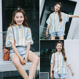 2016韩版夏季女装新款宽松彩色条纹衬衫女夏蝙蝠衫短袖立领衬衣潮