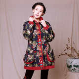 2015民族风女装冬装复古花色中长款棉衣中式中国唐装刺绣棉袄外套