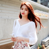 cherrykoko韩国代购正品2016夏季新款 气质V领系扣雪纺长袖衬衫女