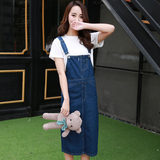 2016春季新款韩版少女学生装复古简约深色口袋开叉牛仔背带裙子潮