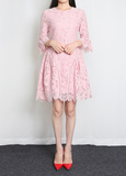 欧美16春夏新款藕粉色蕾丝连衣裙圆领七分袖喇叭袖高腰修身A字裙