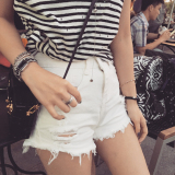 2016夏季新品韩版时尚女装高腰磨边破洞修身显瘦牛仔短裤学生热裤