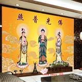 3D手绘无缝大型壁画佛堂寺庙背景墙壁纸佛像菩萨西方三圣佛光普照