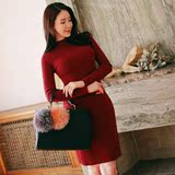 2015韩国代购秋冬季新款女装修身显瘦性感开叉长袖毛衣打底连衣裙