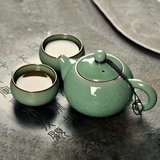 龙泉青瓷快客杯旅行茶具套装便携式一壶两杯哥窑开片茶杯茶壶陶瓷