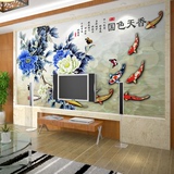 富贵牡丹中式客厅电视背景壁纸九鱼图大型壁画无缝3D立体沙发墙纸