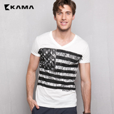 卡玛KAMA 2016夏季款男装 美国国旗V领舒适纯棉短袖T恤 2215553