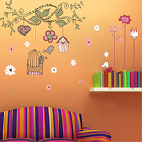 DIY可移除墙贴画卧室床头客厅过道背景装饰贴纸壁纸鸟笼花朵贴图