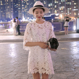 2016夏装韩国蕾丝连衣裙勾花镂空纯色宽松显瘦气质时尚小香风