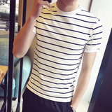 夏装日系潮男士短袖T恤青少年韩版条纹修身百搭休闲小清新打底衫