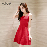 韩版针织背带裙子女2016夏季新款气质高腰V领修身红色连衣裙显瘦