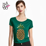 Haoduoyi2016夏新款 欧美时尚菠萝图案圆领上衣 亮片短袖T恤女