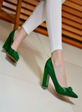 高端品质黑色白色绿色尖头高跟鞋性感浅口粗跟漆皮单鞋蝴蝶结女鞋