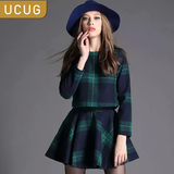 UC＆UG2016春季新款两件套裙女装长袖毛呢格子时尚显瘦套装连衣裙