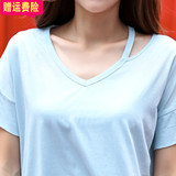 夏季韩版新款女学生时尚V领口镂空纯色棉半短袖宽松休闲简约t恤潮