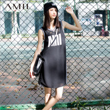 Amii[极简主义]2016春夏大码条纹V领字母印花运动背心雪纺连衣裙
